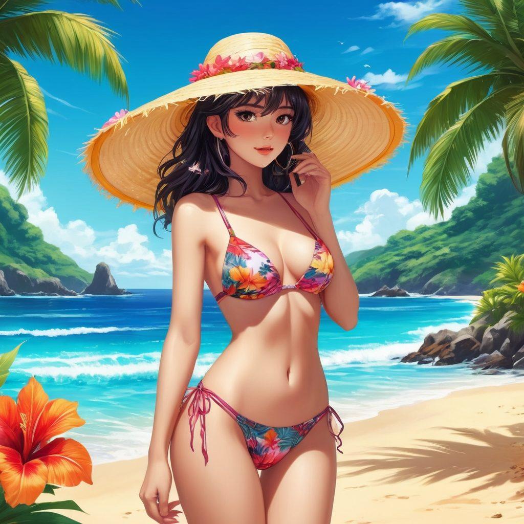 An alluring scene featuring a stylish anime character wearing a trendy bikini, surrounded by vibrant tropical elements like palm trees and colorful flowers. In one hand, she holds a sunhat, with a backdrop of a shimmering ocean and beach. Incorporate a blend of manga and sensual art styles to enhance the allure. vibrant colors. anime style. tropical setting.