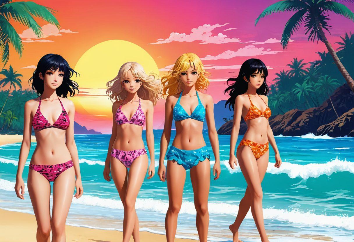 A whimsical beach scene featuring characters inspired by anime, wearing stylish swimwear infused with manga elements. Bright colorful waves crashing, with playful expressions and dynamic poses, showcasing a blend of innocence and allure. Incorporate manga-style graphic effects and patterns in the attire, with a vibrant sunset casting a warm glow. The background should include palm trees swaying gently, creating a tropical paradise ambiance. vibrant colors. anime style. dynamic composition. cartoonish flair.