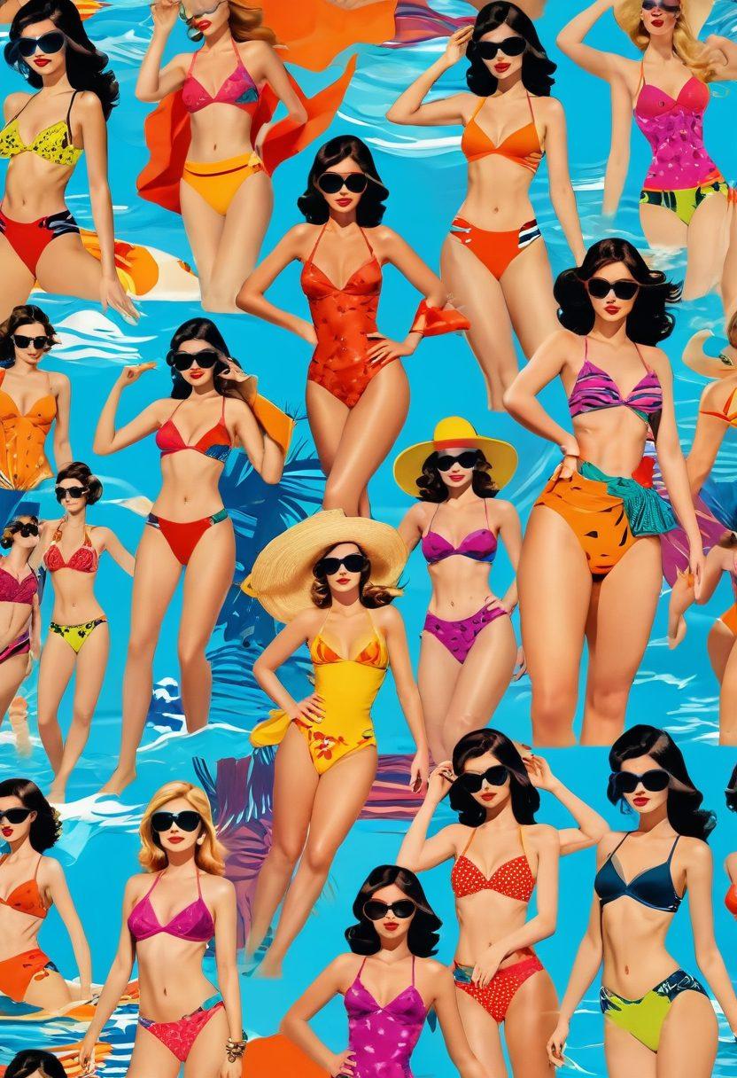 A vibrant and playful collage showcasing dynamic swimwear designs morphing into elegant, sensual comic book illustrations. Include bold lines, colorful characters, and a hint of retro flair, with a fusion of beach settings and sensual poses. The background should evoke a sense of adventure and allure, blending the themes seamlessly. Pop art style with bright, eye-catching colors.